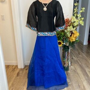 Filipiniana Terno Kimona DressBlack & Royal Blue Embroidered Two-Piece Skirt Set